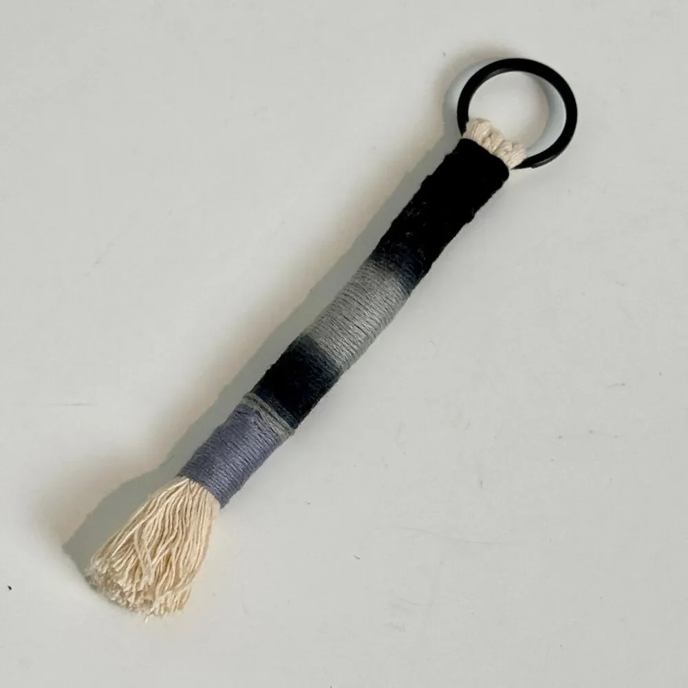 Handmade Macrame Wrapped Cotton 5.5” Keychain: Black & Grey New